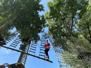 a woman walking on a rope bridge between trees